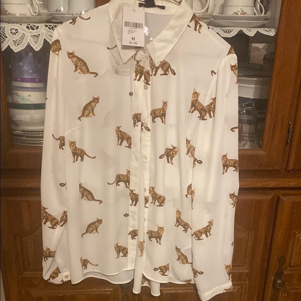 White Blouse with Cat Print